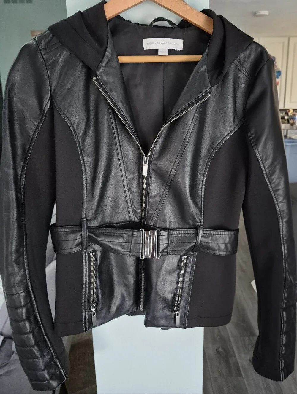 New York & Company Black Faux Leather Hooded Belted Jacket
